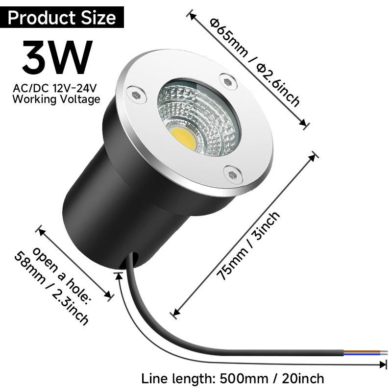 IP67 Luz exterior Blanco cálido COB Luz subterránea Forma redonda Luz subterránea 304 Acero inoxidable LED Negro 80 Watt IP67